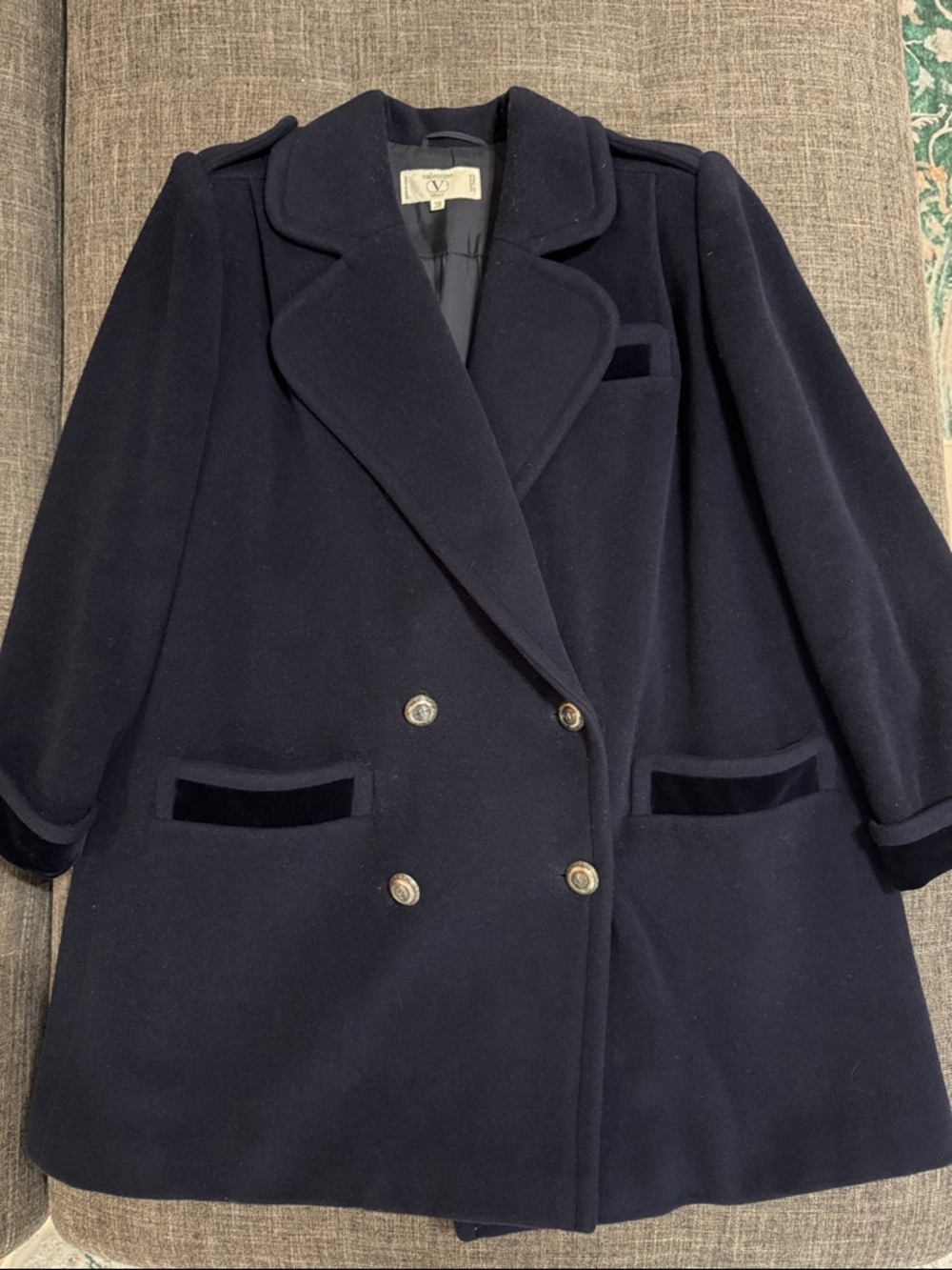 Vintage Valentino Miss V Wool Cashmere Swing Coat Navy Double Breasted Italy 38